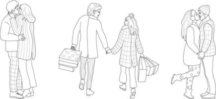 felices parejas románticas con ropa de abrigo en un estilo de arte de línea simple. hombres y mujeres enamorados, comprando, abrazándose y besándose. estilo de libro para colorear. vector