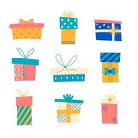 Set of a vector images of different colorful gift boxes drawn in doodle style