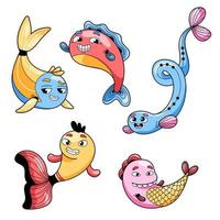 conjunto de imágenes vectoriales de cinco peces dibujados al estilo de dibujos animados de colores diferentes vector