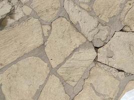 la pared está hecha de piedras viejas y antiguas, con plantas que crecen de las costuras y grietas. de cerca foto