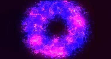 Futuristic abstract purple exploding ring circle glowing radiant magical energy on black background. Abstract background photo