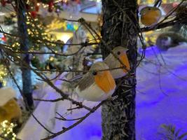 new year holiday card with bird bird hanging feathers and wings spread at the glass ball on the branch of a fir tree in the winter snow Park. photo