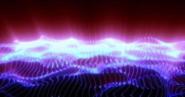 Purple energy waves from particle dots and stripe lines glowing futuristic beautiful and sunrise beams shining. Abstract background photo