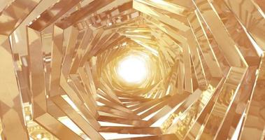 A rotating golden metal tunnel with walls of ribs and lines in the shape of a hexagon with reflections of luminous sunbeams. Abstract background photo