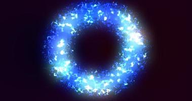 Futuristic abstract blue exploding ring circle glowing radiant magical energy on black background. Abstract background photo