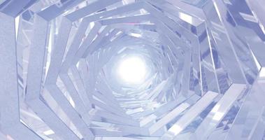 A rotating silver metal chrome shiny tunnel with walls of ribs and lines in the form of a hexagon with reflections of luminous rays. Abstract background photo