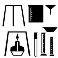 paquete de equipos de laboratorio de iconos. quemador bunsen, tubo de ensayo, matraz erlenmeyer, matraz, trípode de laboratorio, cilindro graduado, vaso de precipitados, embudo, plato de evaporación. tipo de icono poligonal. vector