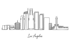 one continuous line drawing of Los Angeles city skyline. World Famous tourism destination. Simple hand drawn style design for travel and tourism promotion campaign vector