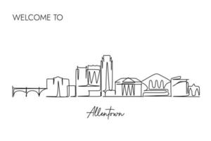 dibujo continuo de una línea del horizonte de la ciudad de allentown en los estados unidos. estilo de diseño de boceto dibujado a mano simple para la ilustración de derechos de autor de turismo y negocios. vector