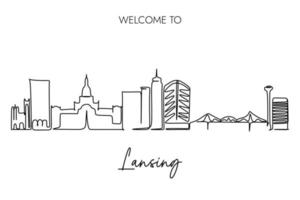 dibujo continuo de una línea del horizonte de lansing con la bienvenida a la redacción de textos publicitarios de lansing. diseño de estilo de dibujo a mano para el concepto de turismo de la ciudad capital de michigan, estados unidos de américa. vector