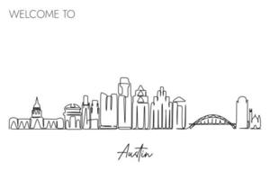 one continuous line drawing of Austin city skyline. Famous tourism destination in USA. Simple hand drawn style design for travel and tourism promotion campaign vector