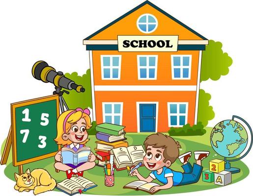 kids discussing homework and reading books together.Vector Illustration of Child Education