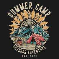 diseño de camiseta campamento de verano aventura al aire libre con carpa y montañas ilustración vintage vector