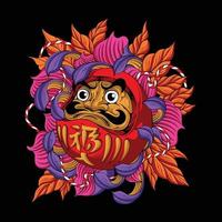 Colorful Japanese daruma with flowers and leaves growing around it with a two-colored rope going around it for t shirt design vector