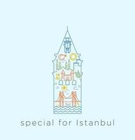 Special icon series for Istanbul. Line collage about historical places, mosques, bridge, bagel, tea, within the line of Galata Tower. vector