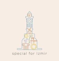 Special icon series for Izmir. Line collage izmir related to Historical places, Alacati Windmill, flamingo, sea, snail, Historical Elevator, bagel, in Clock Tower line. vector