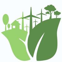 icon, sticker, button on the theme of saving and renewable energy with leaves, trees, house and Wind turbines vector