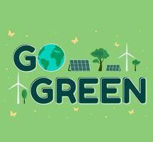 icon, sticker, button on the theme of saving and renewable energy with text Go Green and Earth, wind turbines, solar panels, butterflies vector