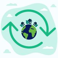 icon, sticker, button on the theme of saving and renewable energy with earth, planet, houses, leaves and icon renewable vector