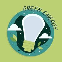 icon, sticker, button on the theme of saving and renewable energy with bulb, leaves, clouds vector