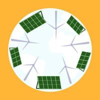 icon, sticker, button on the theme of saving and renewable energy with wind turbines and solar panels inside earth, planet on orange background vector