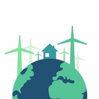 icon, sticker, button on the theme of saving and renewable energy with earth, planet, house and Wind turbines vector