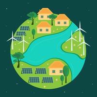 icon, sticker, poster on the theme of saving and renewable energy with earth, planet, wind turbine, solar panels, houses and trees vector