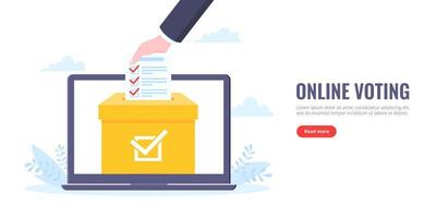 Online voting concept flat style design vector illustration. Giant hand puts ballot to the urn on laptop screen online survey concept.