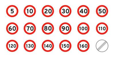 límite de velocidad 5-160 icono de tráfico de carretera redondo signo plano estilo diseño vector ilustración conjunto aislado sobre fondo blanco.