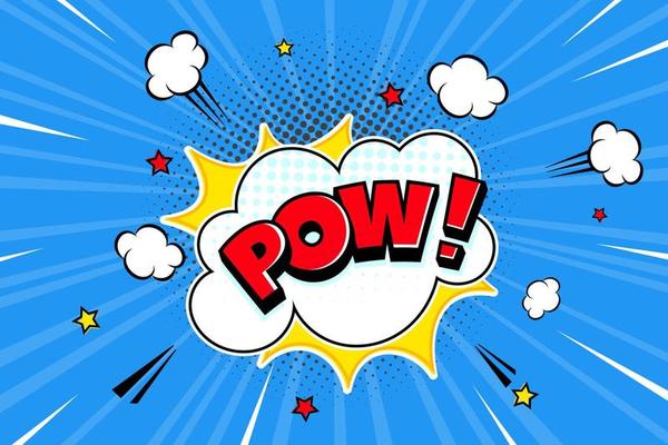 Pow comic speech bubble halftone shadow text expression retro comic style flat design.