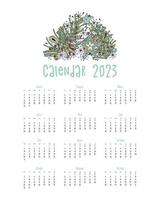 Calendar 2023 vertical poster, doodle stylized stars decoration and Christmas tree. vector