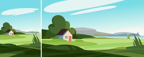 Summer landscape with house on the river bank. Natural scenery in different formats. vector