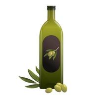 Bottle of oil with green olives. Cartoon vector isolated illustration
