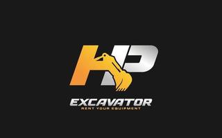 HP logo excavator for construction company. Heavy equipment template vector illustration for your brand.