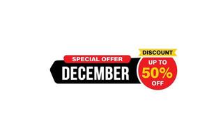 Oferta de descuento del 50 por ciento de diciembre, liquidación, diseño de banner de promoción con estilo de etiqueta. vector