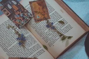 Tiny Purple Flowers In Old Vintage Book photo