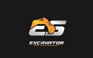 ES logo excavator for construction company. Heavy equipment template vector illustration for your brand.