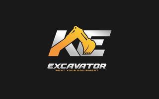 KE logo excavator for construction company. Heavy equipment template vector illustration for your brand.