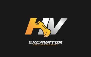 HV logo excavator for construction company. Heavy equipment template vector illustration for your brand.