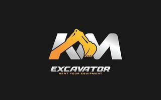 KM logo excavator for construction company. Heavy equipment template vector illustration for your brand.