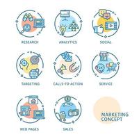 Marketing Concept Thin Line Icons Labels Set. Vector
