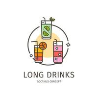 Coctails Long Drinks Thin Line Icon Concept. Vector