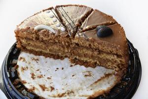 Delicious honey cake close-up. Sliced sweet cake on a white background. Slices of honey cake for the holiday. photo