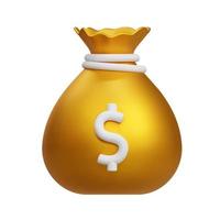 3D gold money bag with dollar icon. Cash, interest rate, business and finance, return on investment, financial solution, prepayment and down payment concept. Vector cartoon isolated