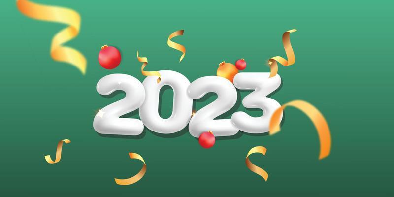 3d vector holiday banner template Happy new Year 2023 green background with gold twisted confetti decoration flying red bauble design
