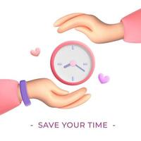 3d vector realista render manos femeninas sosteniendo icono de reloj temporizador ahorrar tiempo diseño de concepto