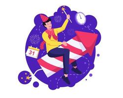 Happy New Year concept with A man riding on a firework rocket to celebrate new year's eve. Vector illustration in flat style