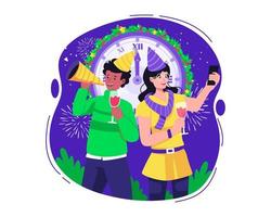 concepto de feliz año nuevo con una pareja divirtiéndose celebrando la víspera de año nuevo con el reloj que muestra las 12 en punto. ilustración vectorial en estilo plano vector