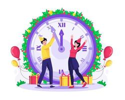 Happy New Year concept with People pushing the minutes of a giant clock to head into the new year. Vector illustration in flat style
