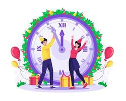 concepto de feliz año nuevo con gente empujando los minutos de un reloj gigante para entrar en el nuevo año. ilustración vectorial en estilo plano vector